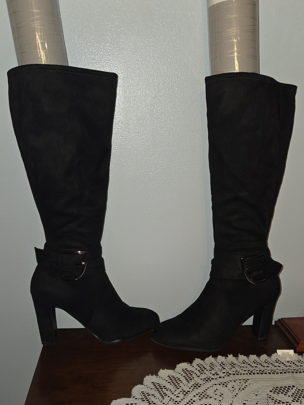 Impo Black Knee-High Block Heel Boots with Ankle Buckle